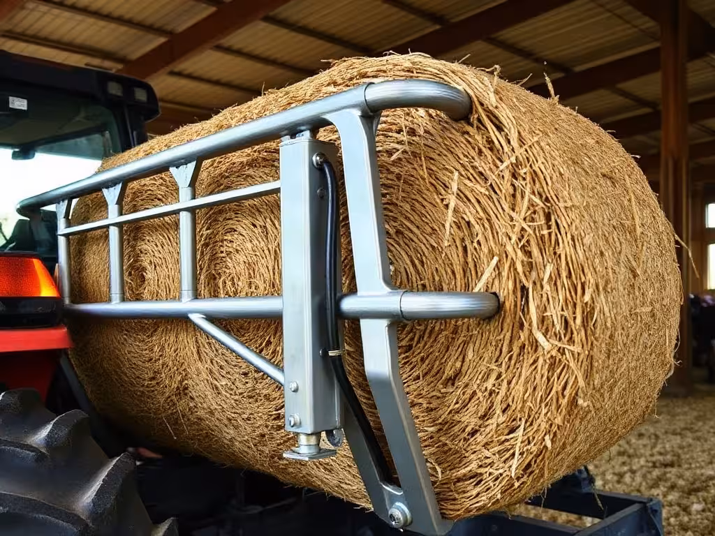 Système hydraulique et mécanisme de distribution d'une pailleuse distributrice vue de côté en bâtiment agricole.