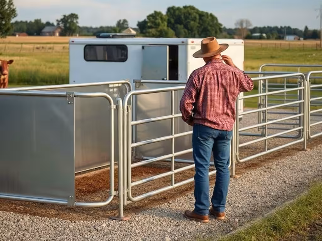 Parc de contention bovin mobile et modulable installé près d’une prairie.