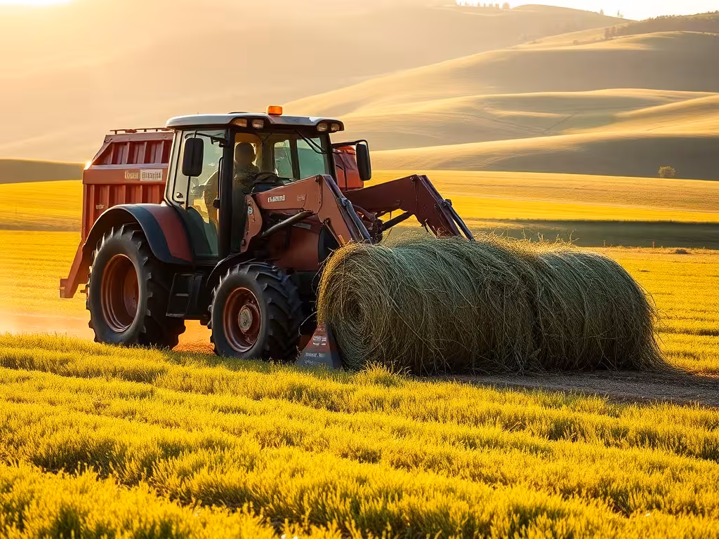 Tracteur avec faneuse en action dans un champ au printemps, lumière dorée