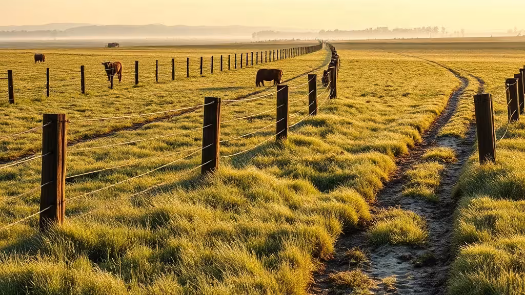 Piquet clôture agricole en prairie, avec plusieurs matériaux visibles pour comparer les usages.