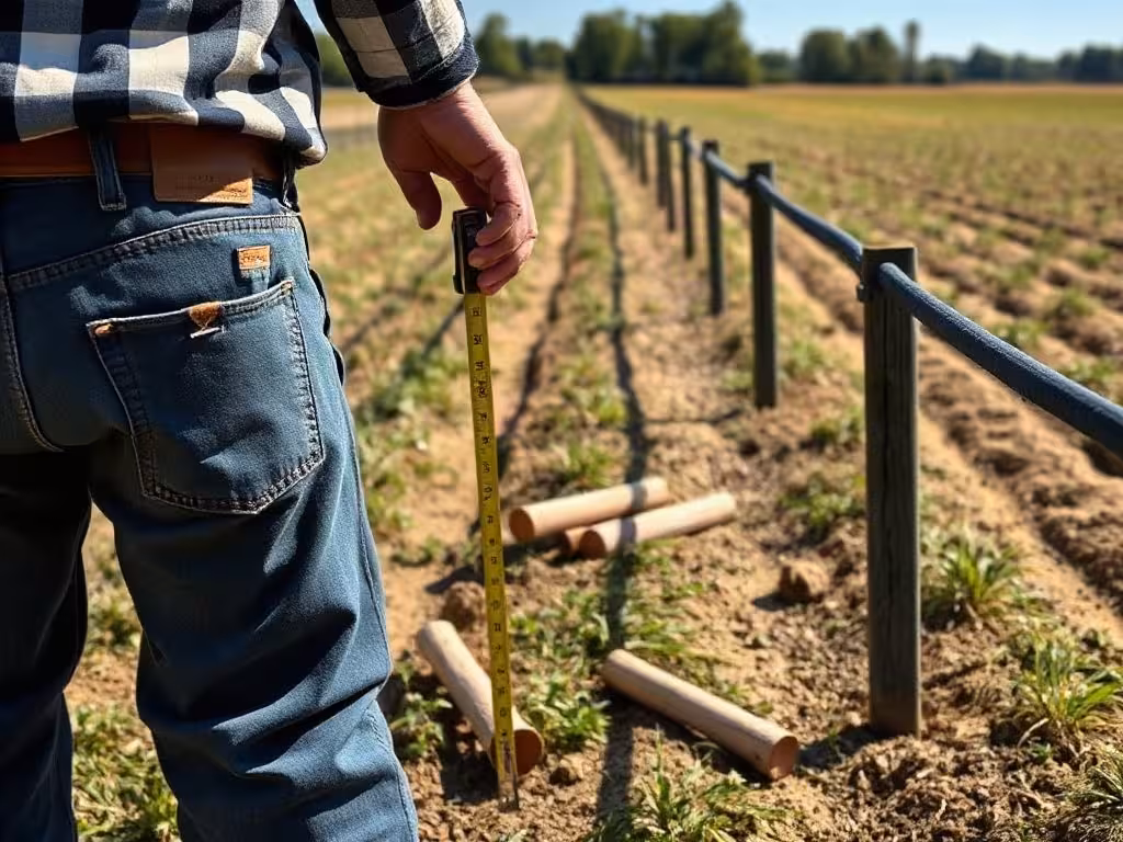 Mesure d’un piquet clôture agricole et de l’espacement avant pose dans une parcelle.