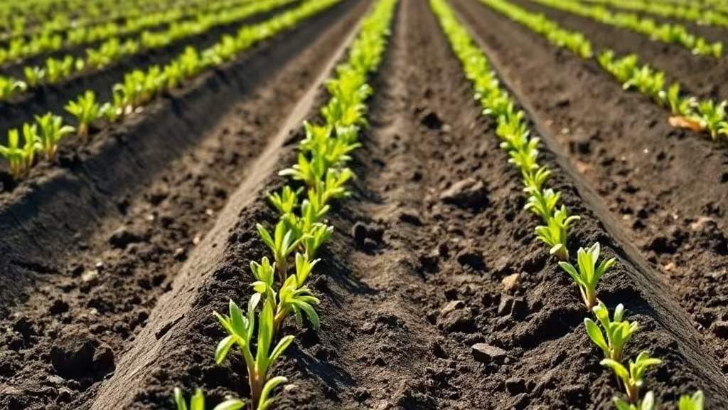 Jeunes plants de pommes de terre sortant de terre dans un champ préparé en rangées parallèles au printemps
