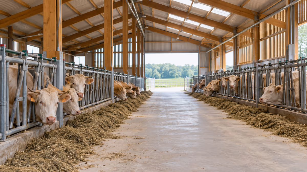 Une allée dégagée traverse une stabulation bovine.