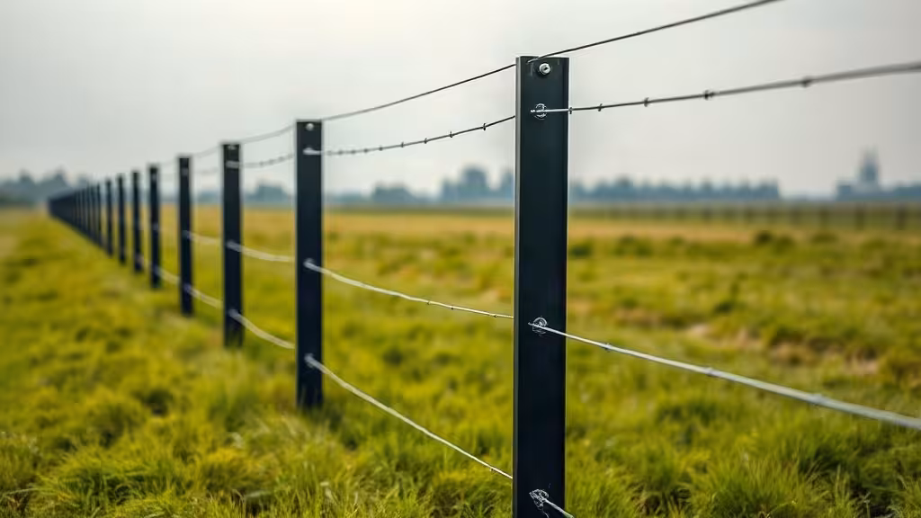 Clôture électrique bien tendue dans un pâturage avec piquets ancrés et fils visibles