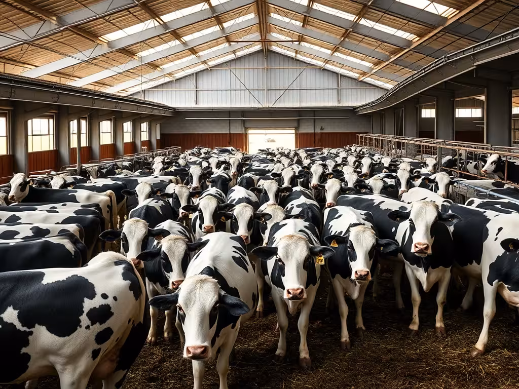 Troupeau de vaches laitières en attente de traite, salle de traite moderne