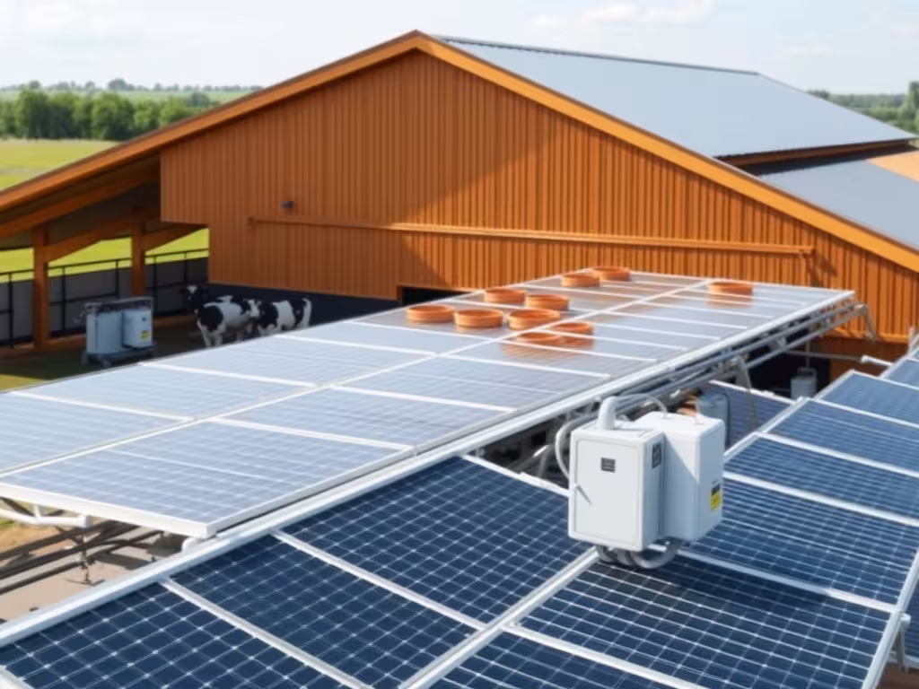 Panneaux solaires et infrastructure électrique d'une exploitation laitière