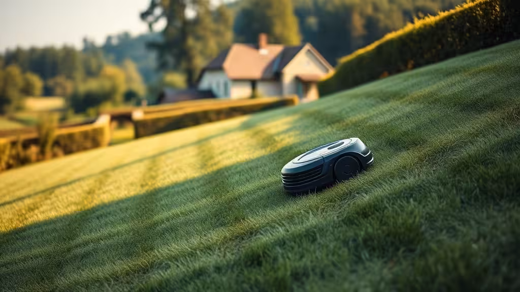 Robot tondeuse terrain en pente travaillant sur une pelouse inclinée près d’un verger.