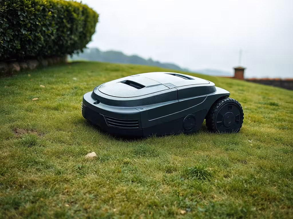 Robot tondeuse pour terrain en pente montrant ses roues motrices sur herbe humide.
