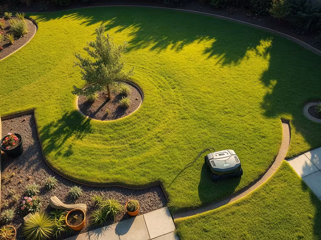 Installation sécurisée d’un robot tondeuse terrain en pente dans un jardin complexe.