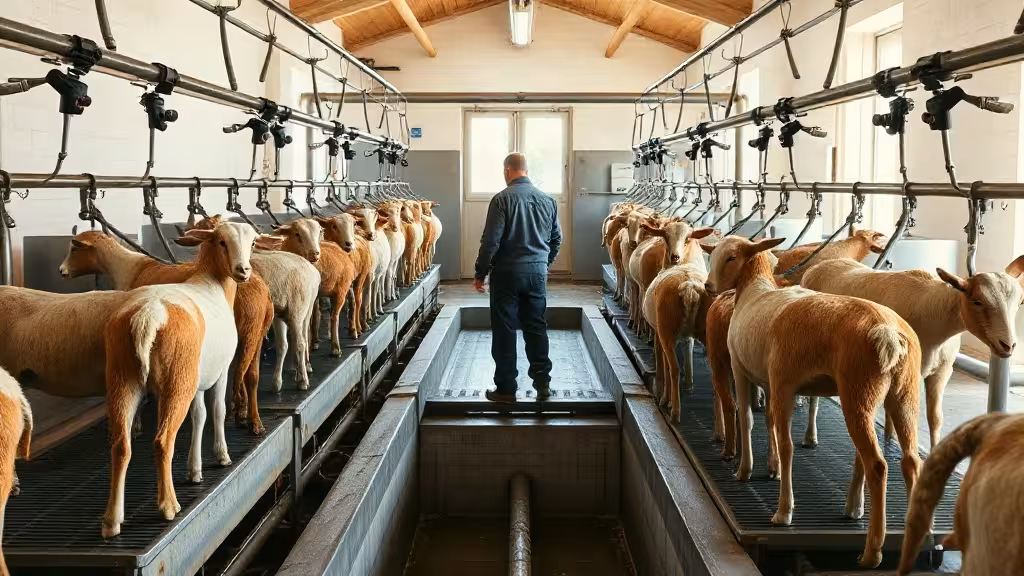 Vue d’ensemble d’une salle de traite chèvre brebis équipée de quais latéraux.
