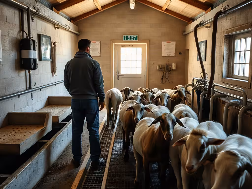 Quais, fosse et circulation des animaux dans une salle de traite caprine.