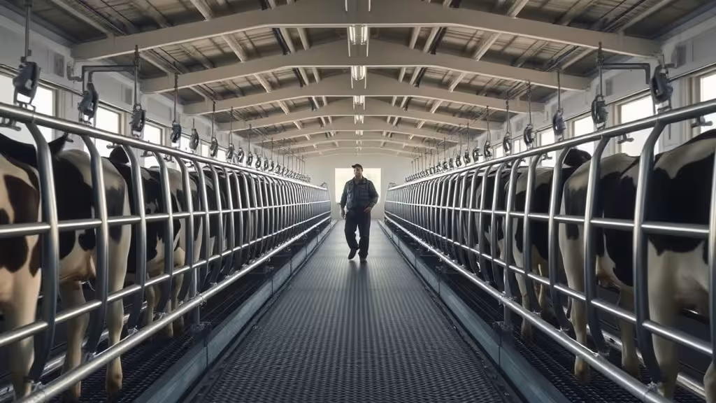 Vue d’ensemble d’une salle de traite en épi avec vaches laitières.