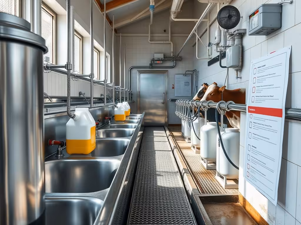 Équipements d’hygiène et de nettoyage dans une salle de traite.