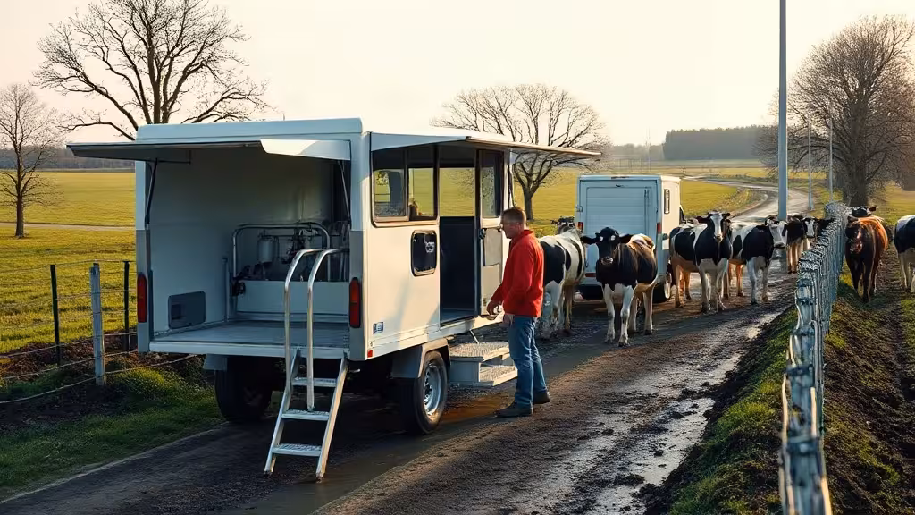 Salle de traite mobile installée près d’un pâturage pour la traite matinale