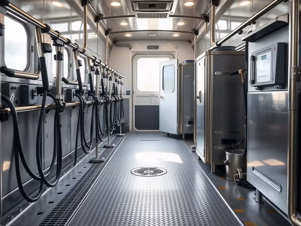 Circuit de lavage et sol drainant dans une salle de traite mobile propre