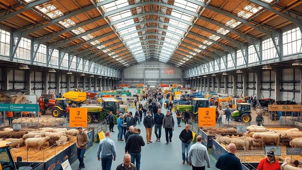 Salon agriculture 2026 : hall d'exposition avec visiteurs, matériel agricole et animaux d'élevage