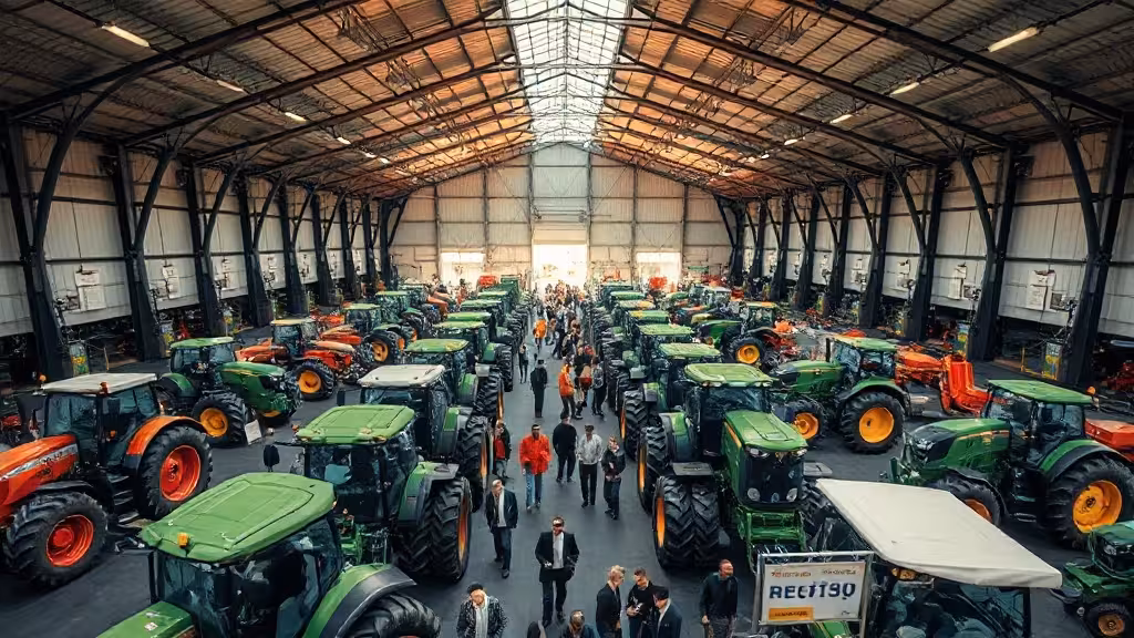 Salon agricole professionnel avec tracteurs et machines agricoles exposés, visiteurs professionnels en circulation