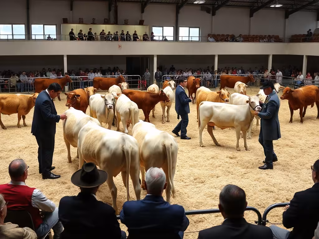 Présentation de bovins laitiers dans l'arène de concours d'un salon agricole professionnel