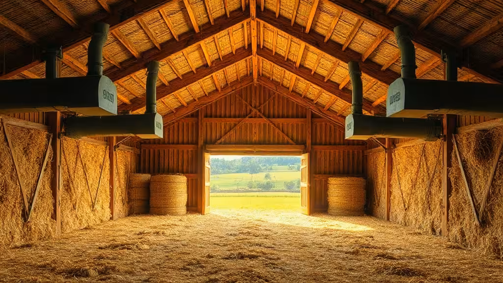 Séchoir à foin en grange avec cellules ventilées et foin doré.