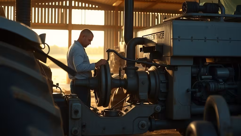 Inspection technique de matériel agricole d'occasion dans une cour de ferme, vérification des points de sécurité critiques.