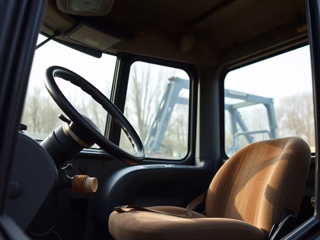 Intérieur de cabine de tracteur montrant le poste de conduite, la ceinture de sécurité et la structure ROPS.