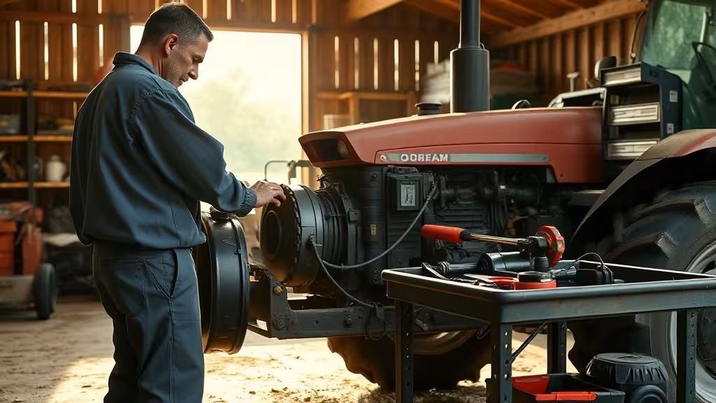 Technicien réparant un tracteur en atelier agricole, outils diagnostiques et pièces détachées visibles