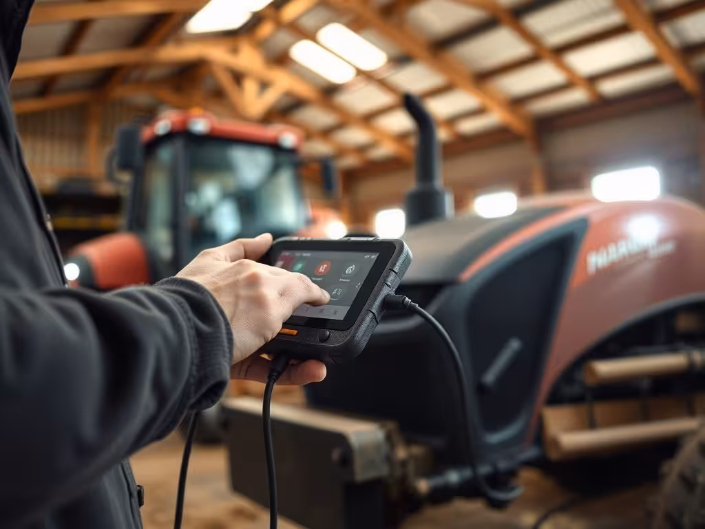 Technicien employant un outil de diagnostic numérique sur tracteur, illustration du service après-vente connecté en agriculture