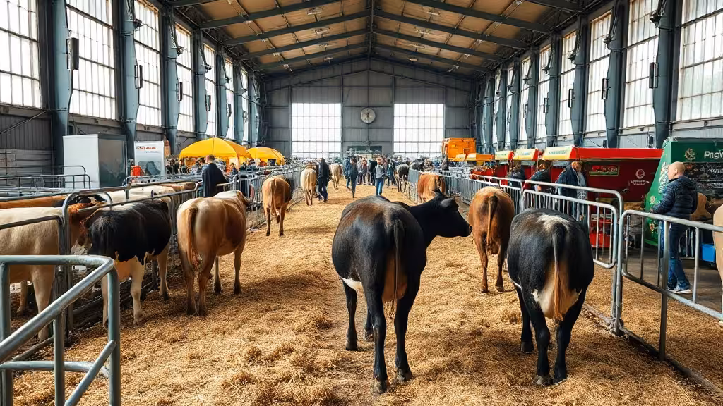 Vue d’ensemble du salon SPACE Rennes élevage avec bovins, éleveurs et stands professionnels.