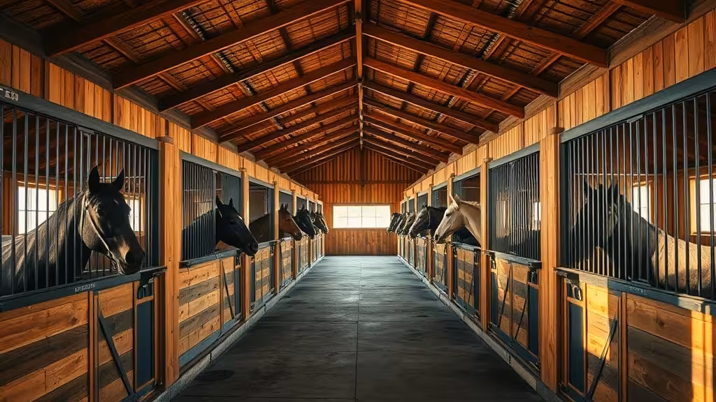 Intérieur d'une stabulation chevaux avec boxes individuels et lumière naturelle