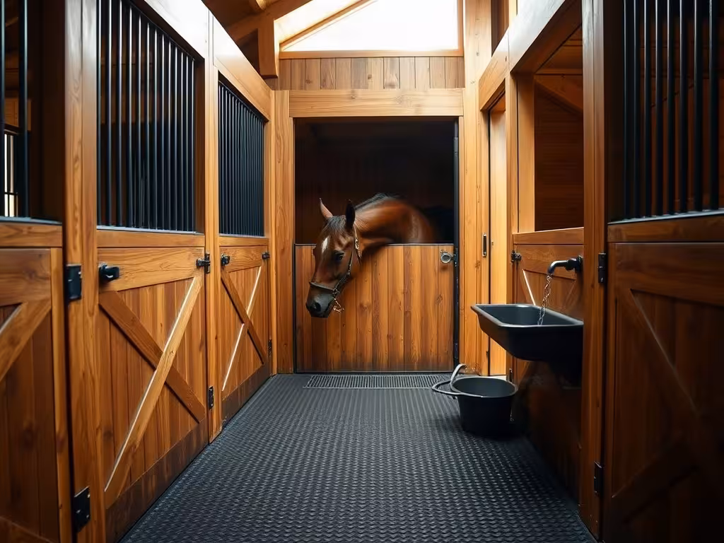 Box de stabulation chevaux avec mangeoire et abreuvage, montrant l'espace disponible