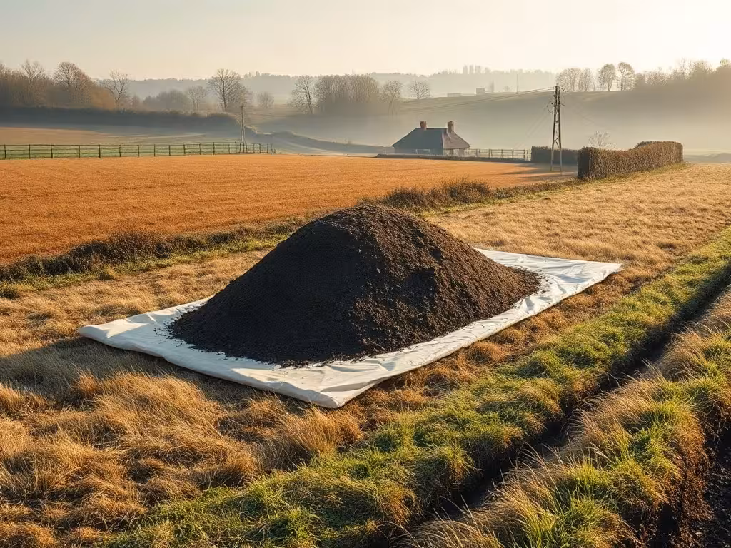 Stockage temporaire de fumier au champ, éloigné des habitations et protégé par une bande enherbée.
