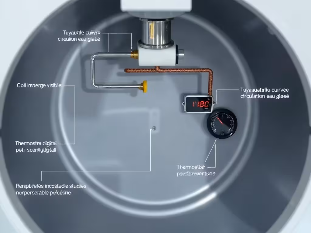 Détail du circuit de refroidissement par détente directe du tank à lait montrant le coil immergé et thermostat.