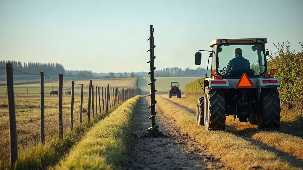 Tarière 3 points montée sur un tracteur pour poser des piquets de clôture
