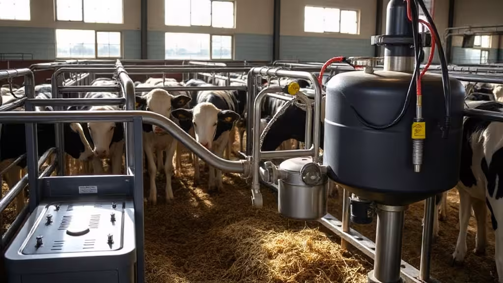 Taxi à lait moderne en action pour l'alimentation des veaux en étable laitière