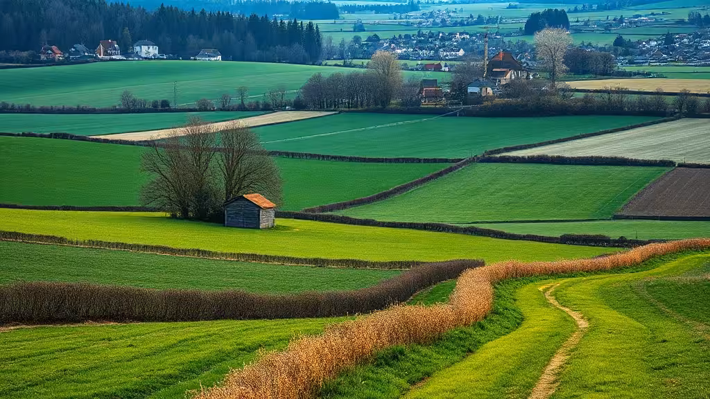 Vue d’ensemble d’un terrain agricole constructible près d’un village rural français.