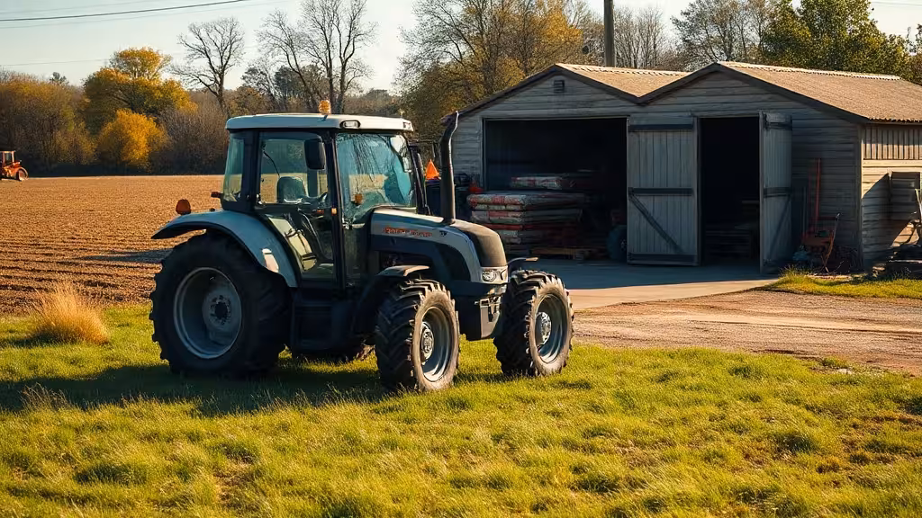 Tracteur agricole dans une cour de ferme pour acheter un tracteur adapté aux travaux.
