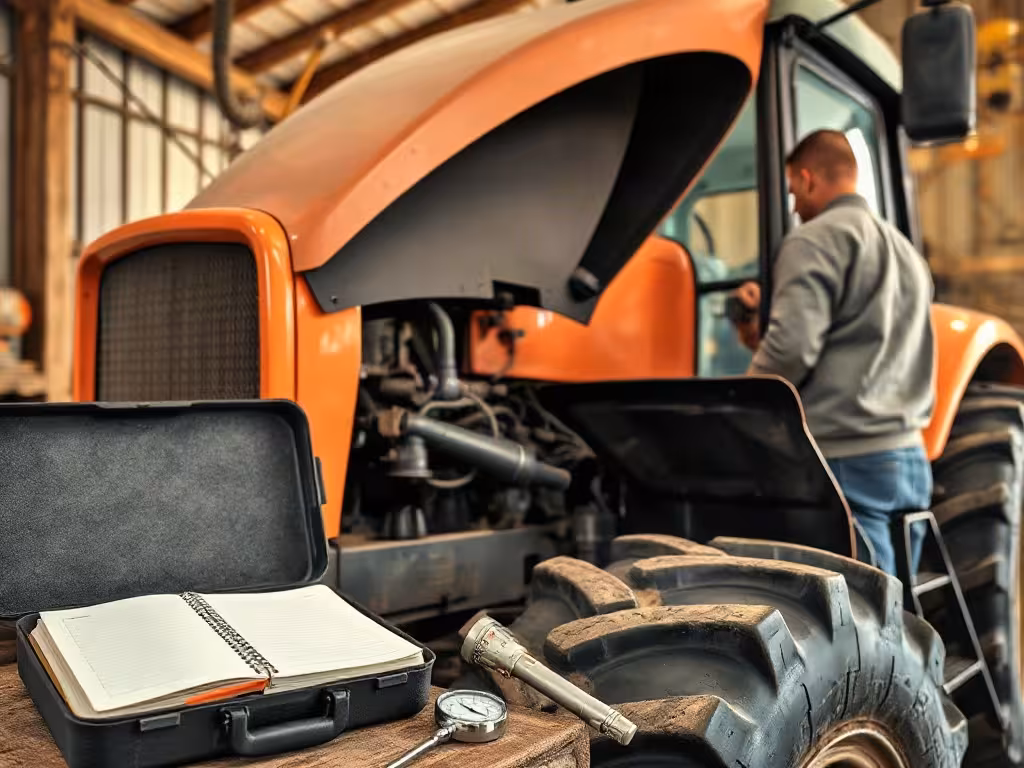 Contrôle mécanique d’un tracteur d’occasion avant achat dans un atelier agricole.