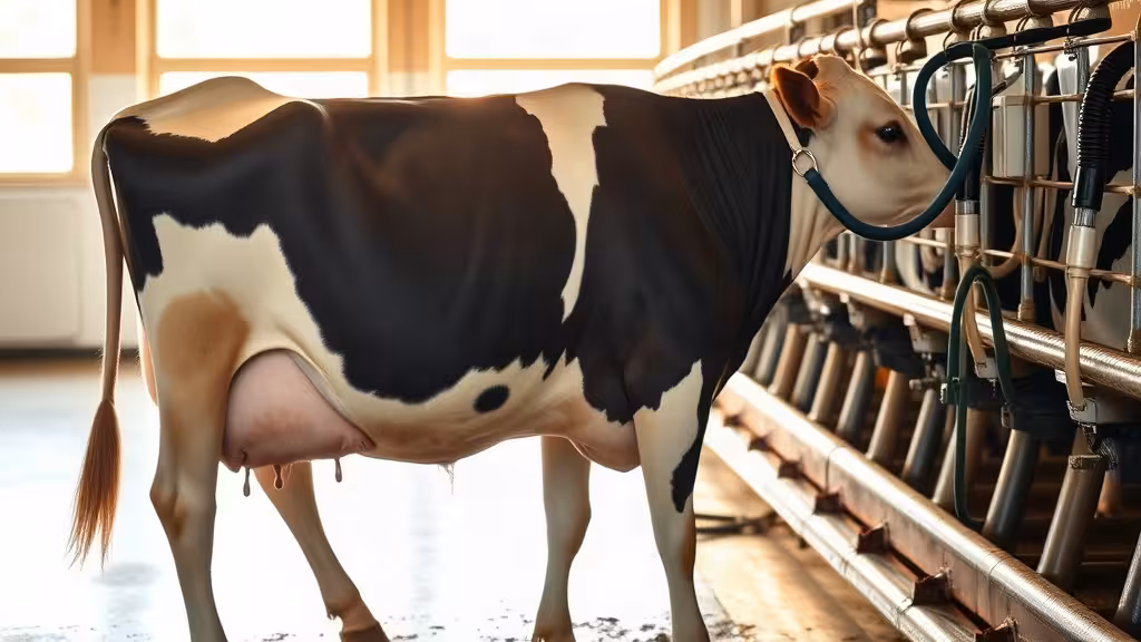 Vache laitière en train d'être traite en salle de traite équipée