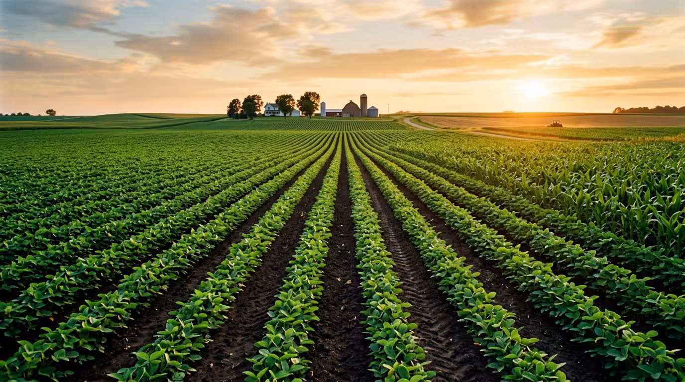 Champ agricole verdoyant sous lumière dorée, illustrant la fertilité et la productivité naturelle des cultures