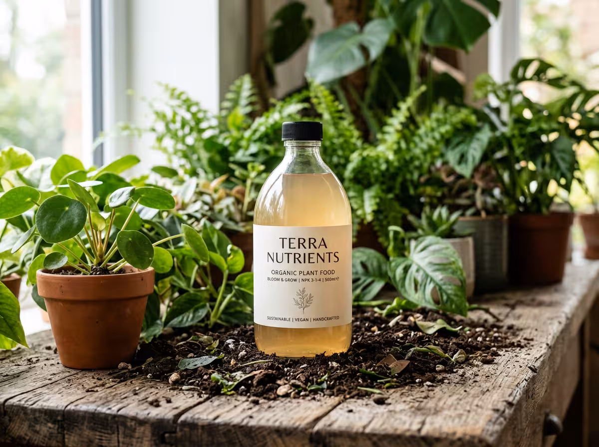Flacon d'engrais liquide naturel avec plants sains présenté en gros plan, montrant l'efficacité du produit