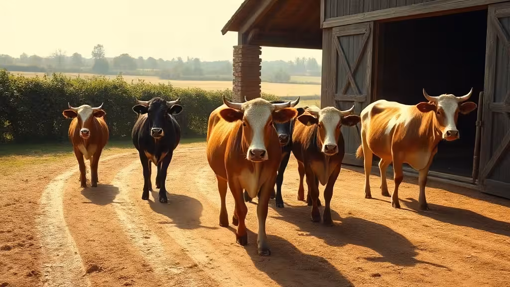 Vache qui boite légèrement derrière le troupeau à la sortie de l’étable.