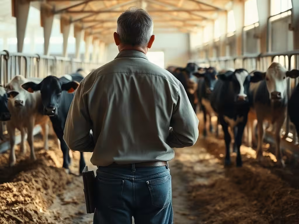 Éleveur observant la démarche d’une vache boiteuse dans un bâtiment d’élevage.