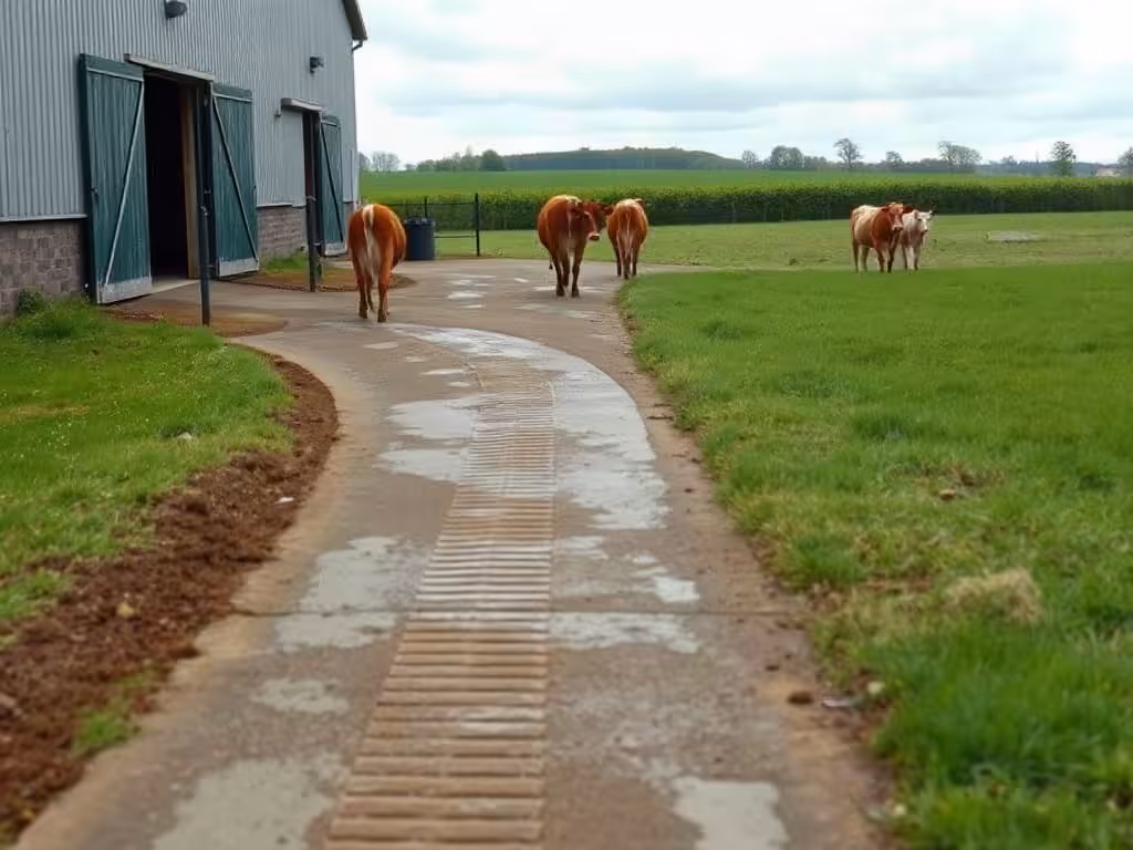 Chemin d’accès sec et antidérapant pour prévenir les boiteries chez les vaches.