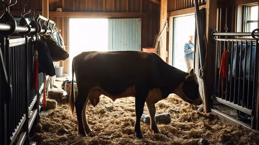 Vache en vêlage difficile dans une étable rurale, assistance en cours