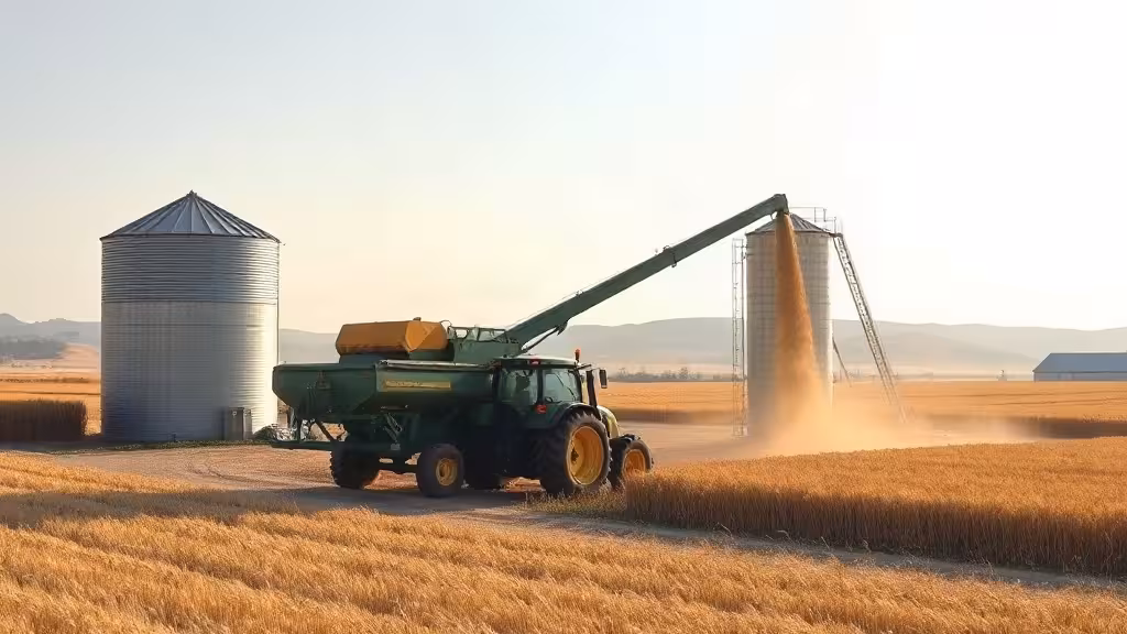 Vis sans fin pour grain en fonctionnement entre une remorque céréalière et un silo de stockage.