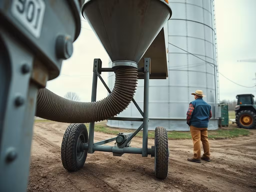 Dimensionnement d’une vis sans fin pour grain avec trémie, tube incliné et sortie vers le silo.