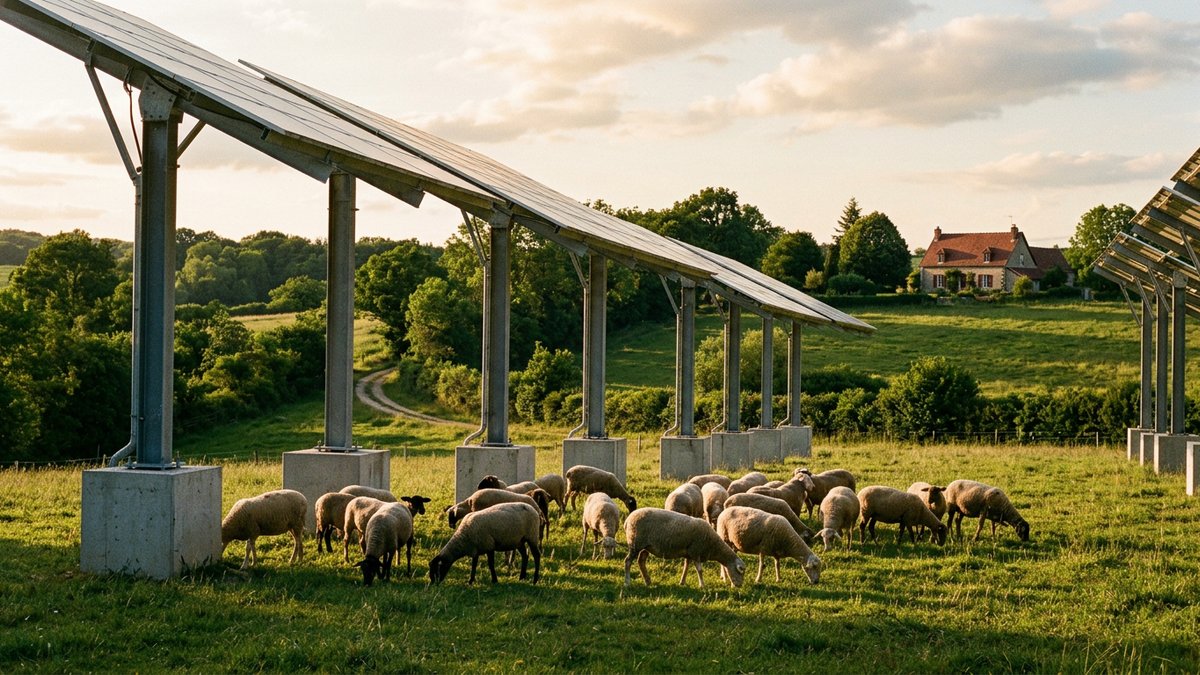 Panneaux photovoltaïques surélevés au-dessus d’un troupeau de brebis dans un pré, illustrant un projet d’agrivoltaïsme d’élevage