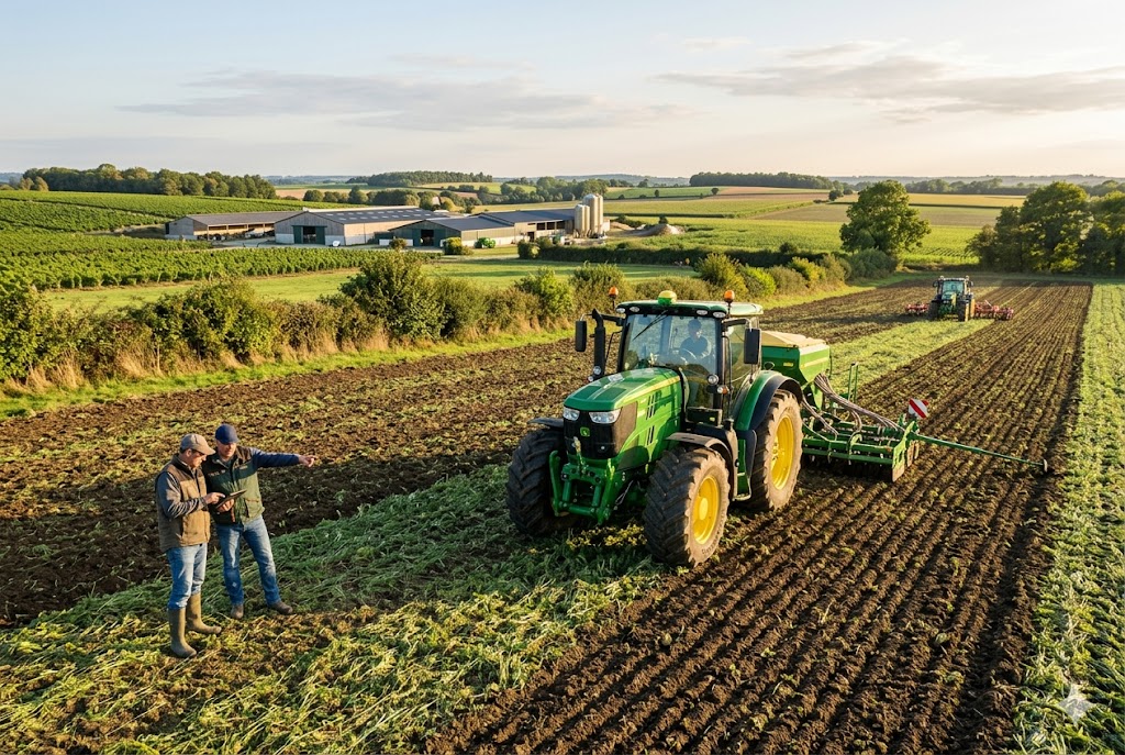 Tracteur moderne utilisé dans une exploitation agricole durable