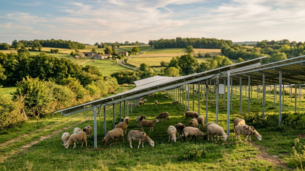 Troupeau de brebis à l'ombre de panneaux photovoltaïques surélevés dans une prairie