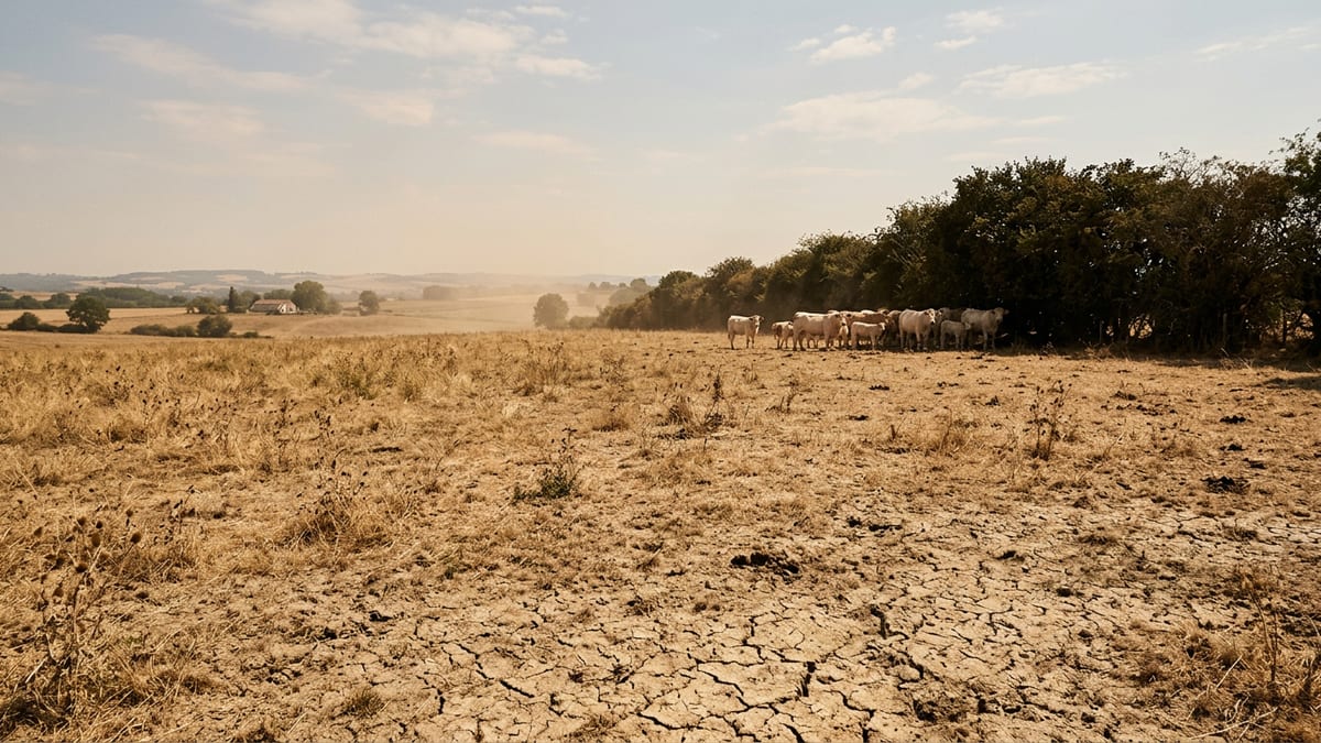 Prairie grillée par la sécheresse en fin d'été, troupeau à l'ombre d'une haie au fond